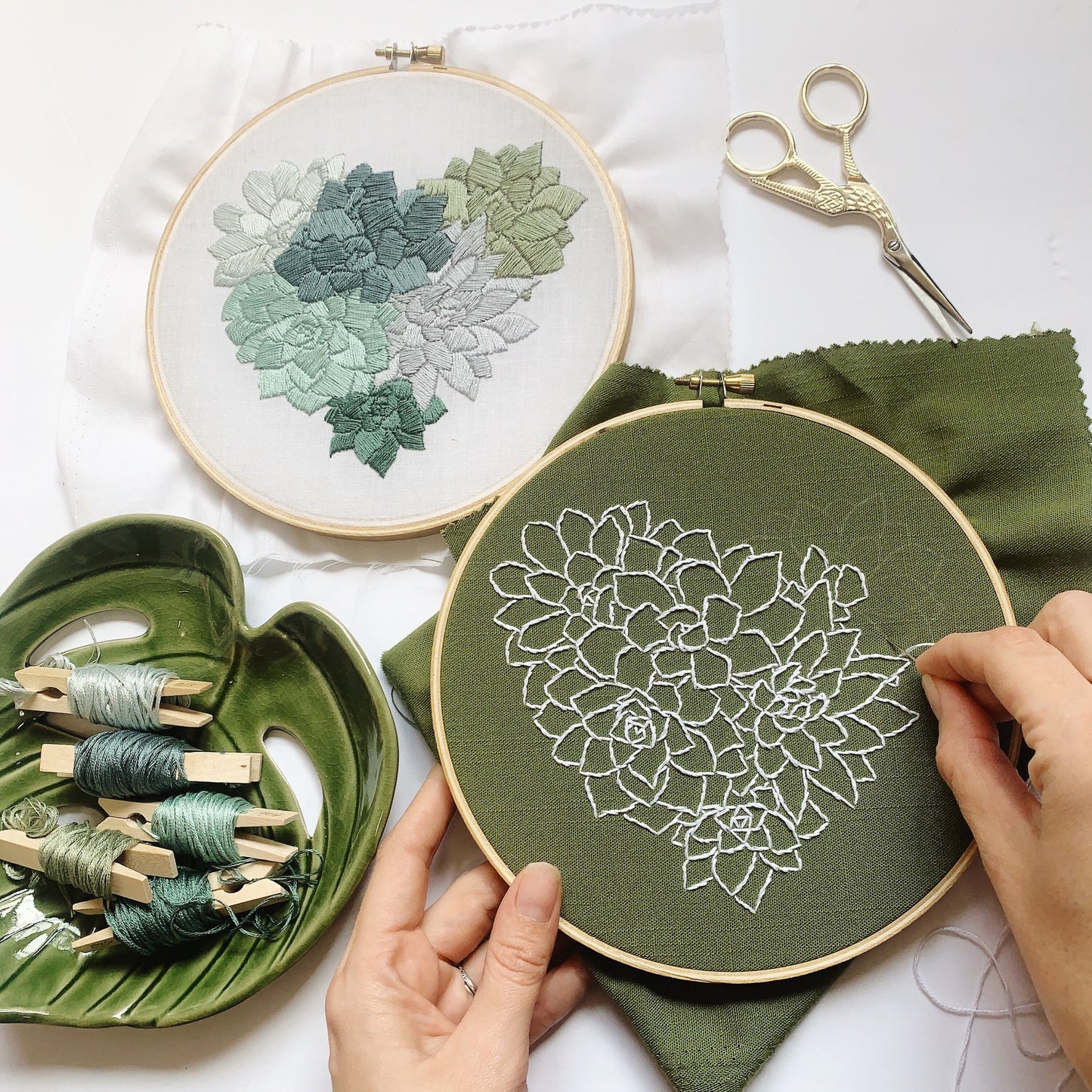 Succulent Heart Embroidery Kit. 2 Versions Included