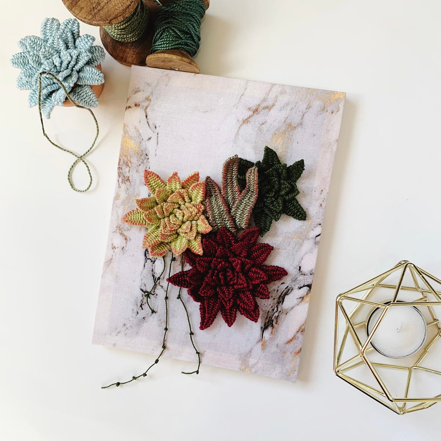 Marble 3D Succulents | 3D Embroidery | Modern Embroidery | Succulent Embroidery