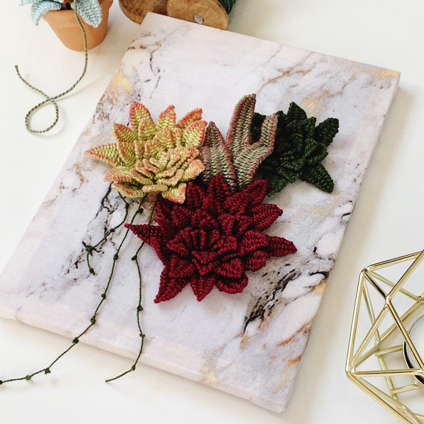 Marble 3D Succulents | 3D Embroidery | Modern Embroidery | Succulent Embroidery