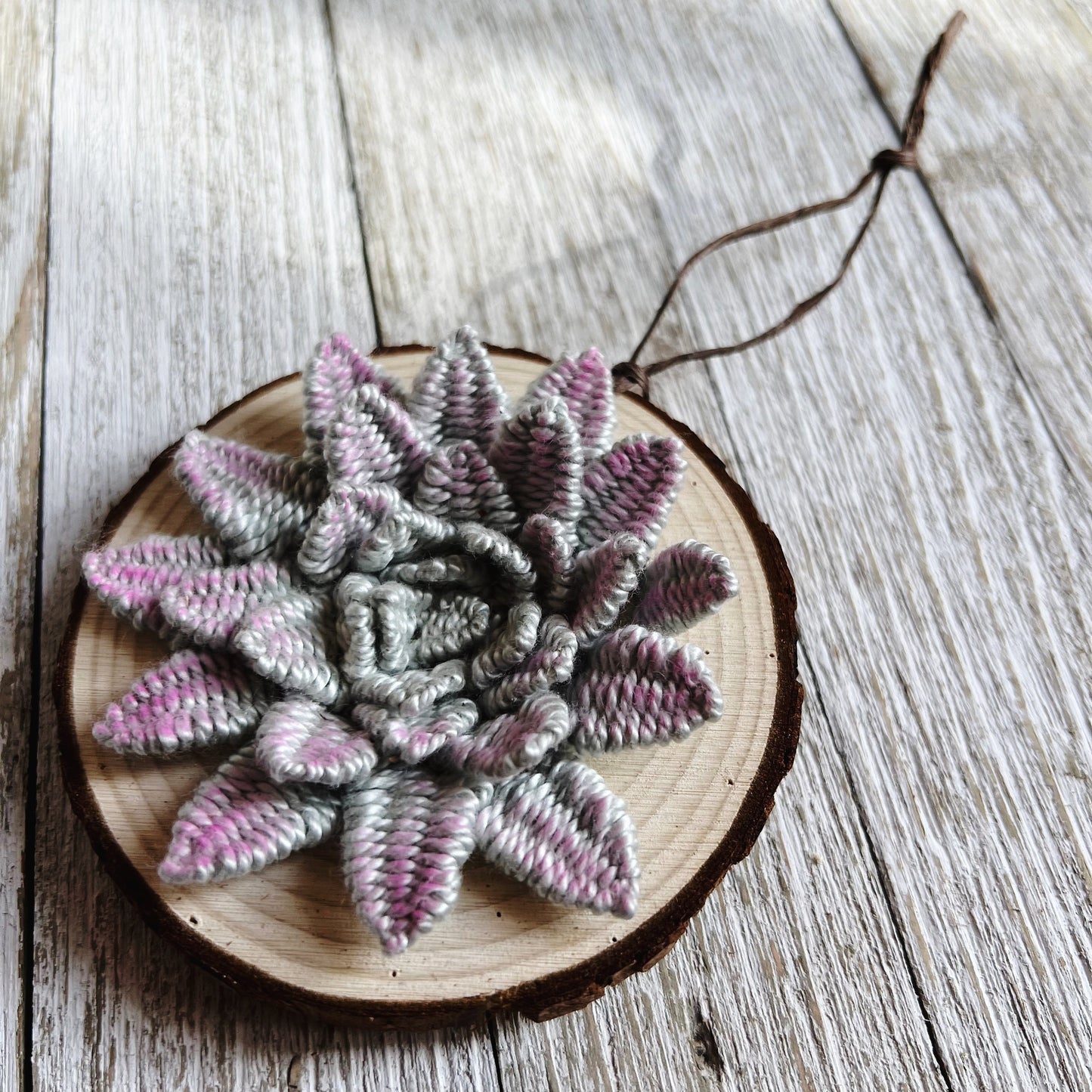 Wood Slice Ornament | 3D Embroidery | 3D Succulent Ornament