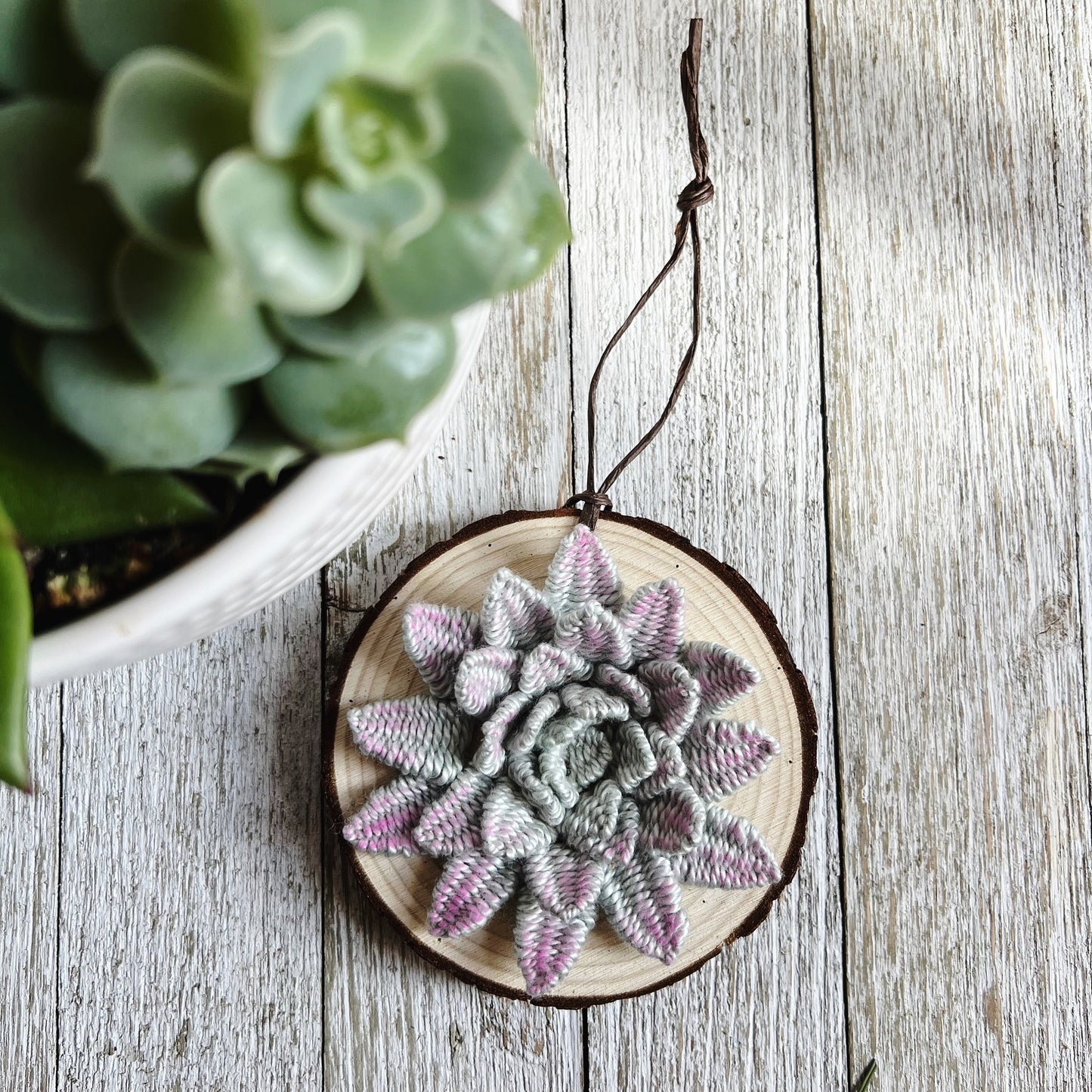 Wood Slice Ornament | 3D Embroidery | 3D Succulent Ornament