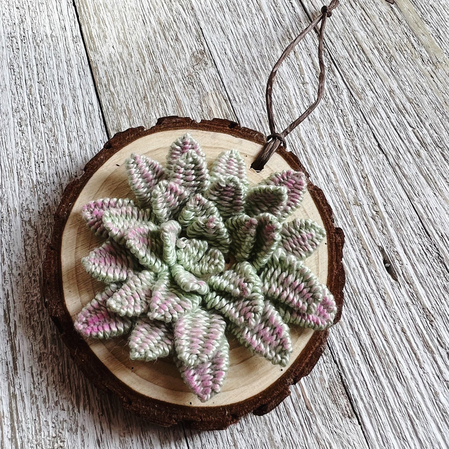 Wood Slice Ornament | 3D Embroidery | 3D Succulent Ornament