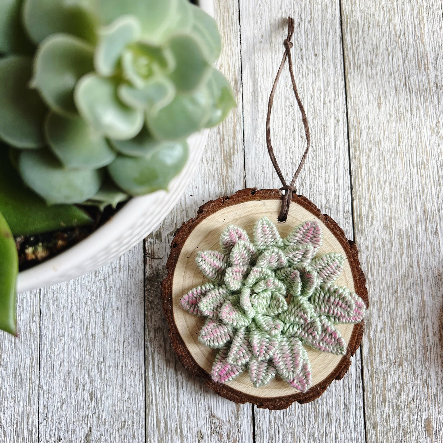 Wood Slice Ornament | 3D Embroidery | 3D Succulent Ornament